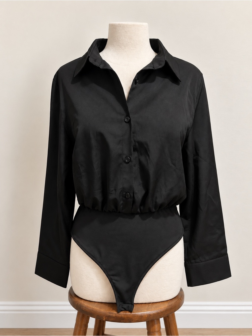 Black Long-Sleeve Button Front Bodysuit Top